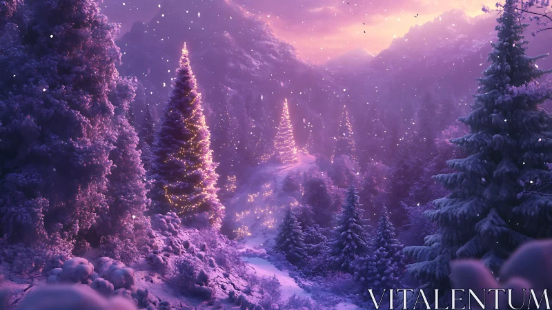 Enchanted winter firs glow softly under a dreamy violet sky