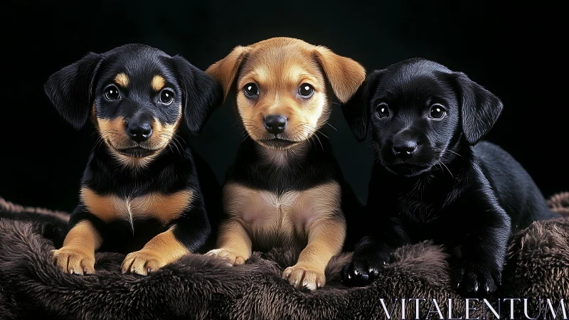 Three puppy portraits under studio lighting on fur throw.