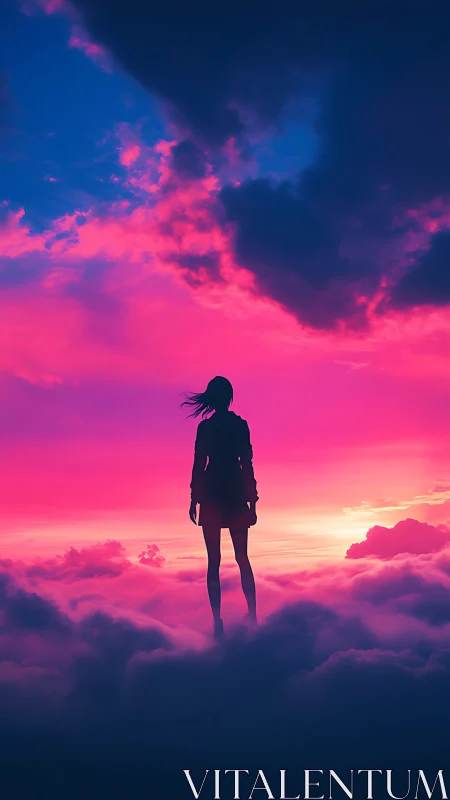 Silhouetted figure stands above neon clouds at chromatic dusk
