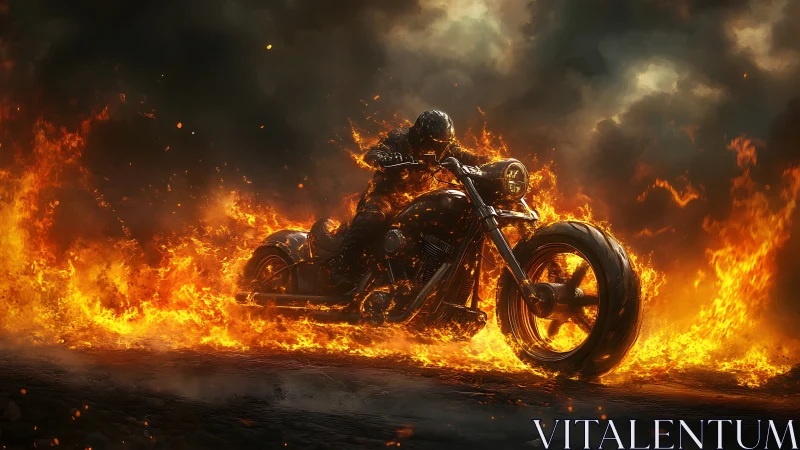 Inferno rider carves a blazing trail through stormlit dusk.