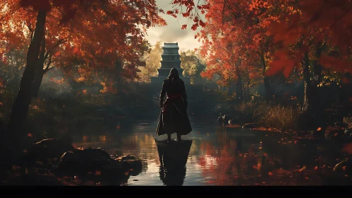 Cloaked figure in autumnal temple creek under cinematic backlight.