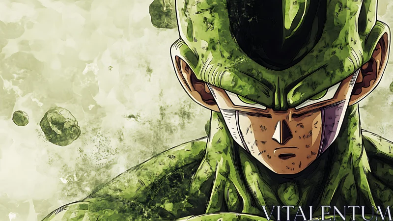 Armored green anime warrior under floating rocky debris.