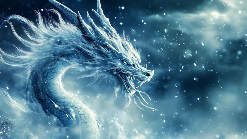 Ice dragon emerging in a snowy stormy fantasy landscape.
