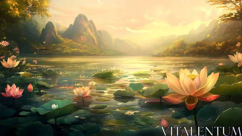 Golden sunset illuminates tranquil lotus lake and misty hills