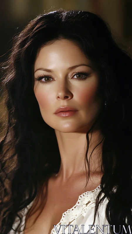 Photorealistic brunette portrait in warm studio light.