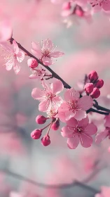 Pink Cherry Blossoms on Branch with Buds and Blurred Background