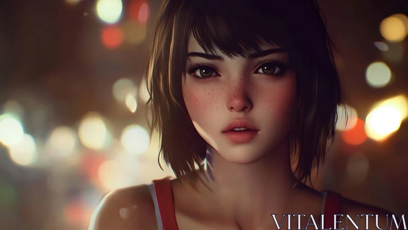 Young woman portrait in soft bokeh night city lights.