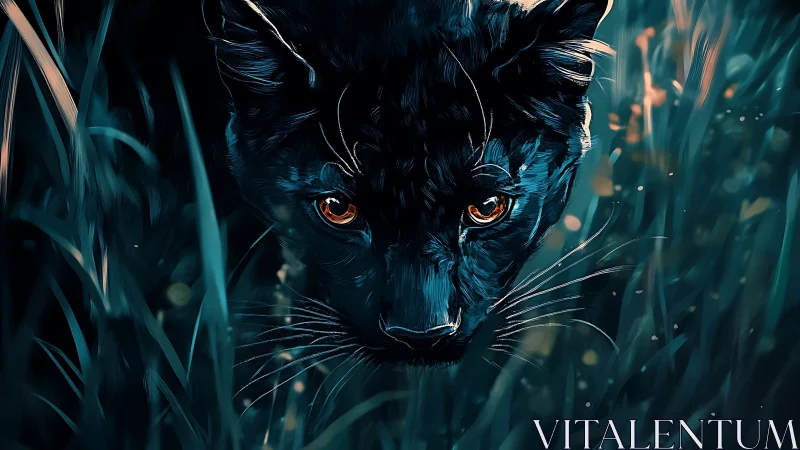 Digital painting of stalking panther in neon dusk foliage.
