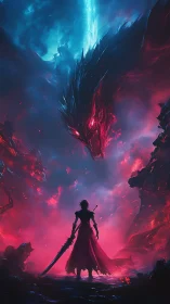 Sword-bearing figure facing vast dragon in glowing rift.
