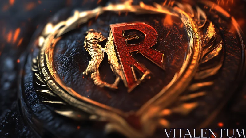 Fiery red R crest with golden lion emblem under embers