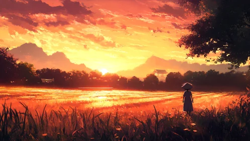 Figure viewing illuminated rice field at sunset horizon.