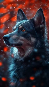 Alert snow-dusted dog with bright orange eyes in cold scene.