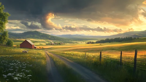 Golden-hour rural valley landscape with dirt road perspective