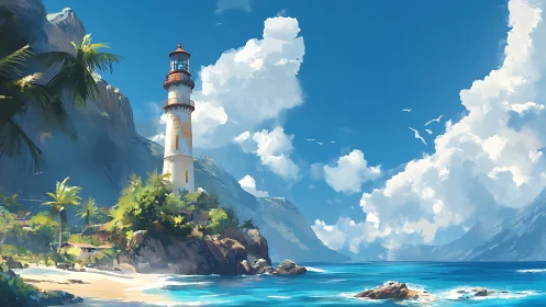 Coastal Lighthouse Structure on Rocky Promontory with Striped Tower Design