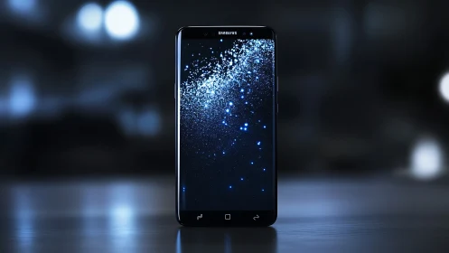 Samsung smartphone with glowing galaxy lockscreen on table.