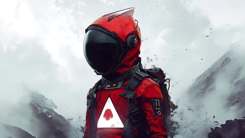 Red spacetrooper in stormy alpine mist, reflective visor.