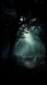 Moody forest path lit by cold, misty moonlight glow.