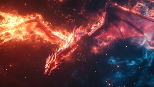 Inferno-winged dragon cutting a blazing scar through nightfire.