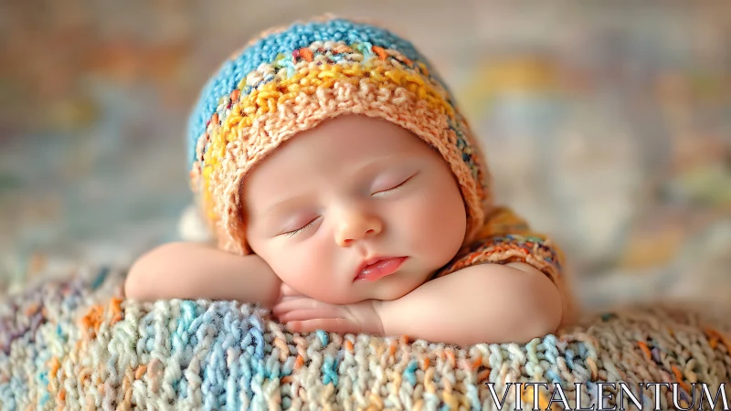 Sleeping Newborn in Colorful Striped Knit Hat and Blanket