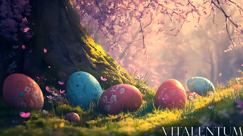 Decorated eggs arranged under blooming spring tree in meadow.