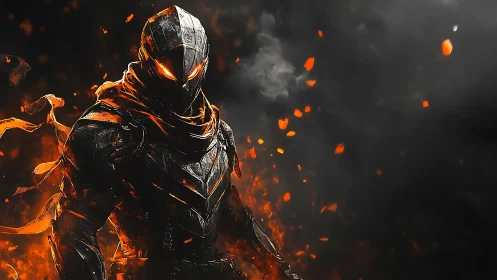 Armored humanoid figure stands amid orange embers and smoke
