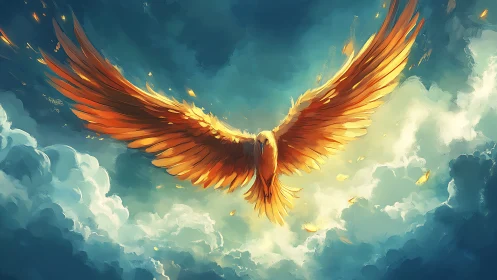Majestic Fiery Phoenix Soaring in Vibrant Painted Sky.