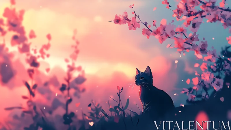 Backlit cat under blooming branches in soft bokeh twilight