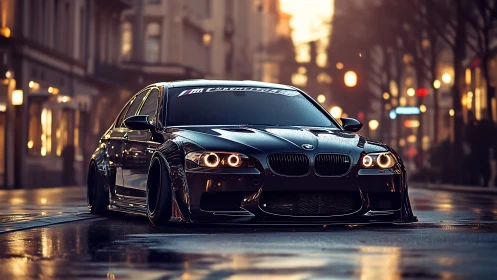 Widebody BMW sedan on wet city street at dusk, low stance.