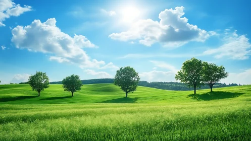 Sunlit meadow parade of trees under a breezy blue sky.