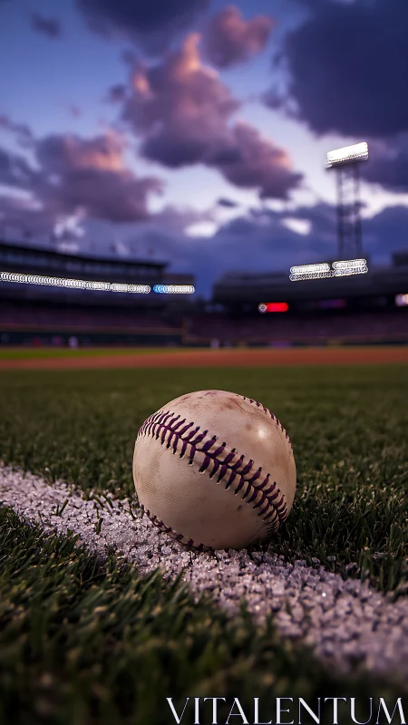 Sunset baseball resting quietly on the glowing infield line.