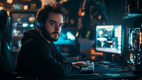 Midnight coder in neon glow, quietly debugging worlds.