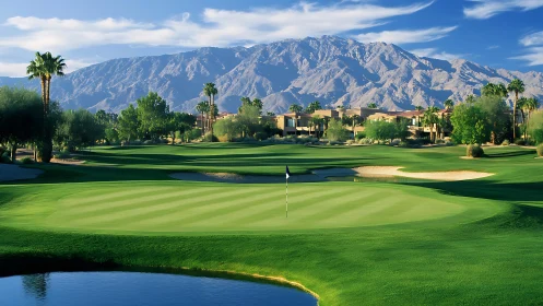 Photorealistic desert golf course with mountain backdrop focus.