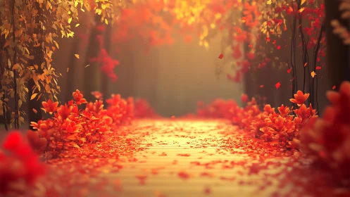 Autumn garden path glows under soft golden evening light.