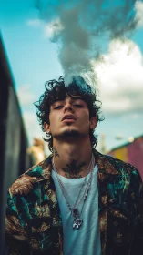 Young man exhaling vapor outdoors in casual streetwear.