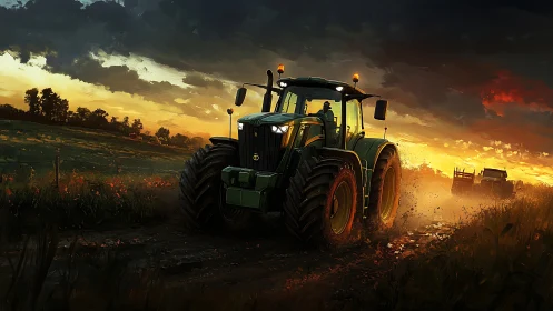 Large green tractor drives along muddy field at sunset