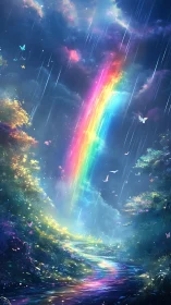 Vertical rainbow over forest stream in stylized rainfall.