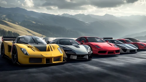 Thrilling supercars line up proudly against quiet mountain skies
