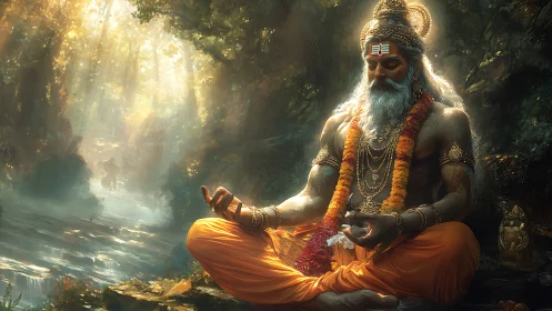 Serene forest yogi meditates in radiant, divine sunlight.