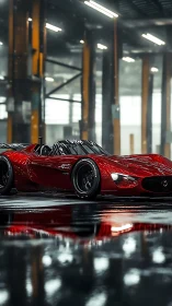 Scarlet thunder racer prowls a rain slick industrial arena.