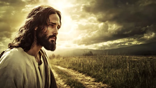 Bearded robed man walking along rural path at sunset.