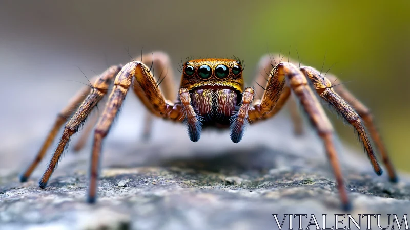 Jumping spider poised on stone with vivid close-up detail.