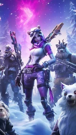 Squad of stylized arctic warriors advances through neon snowfield