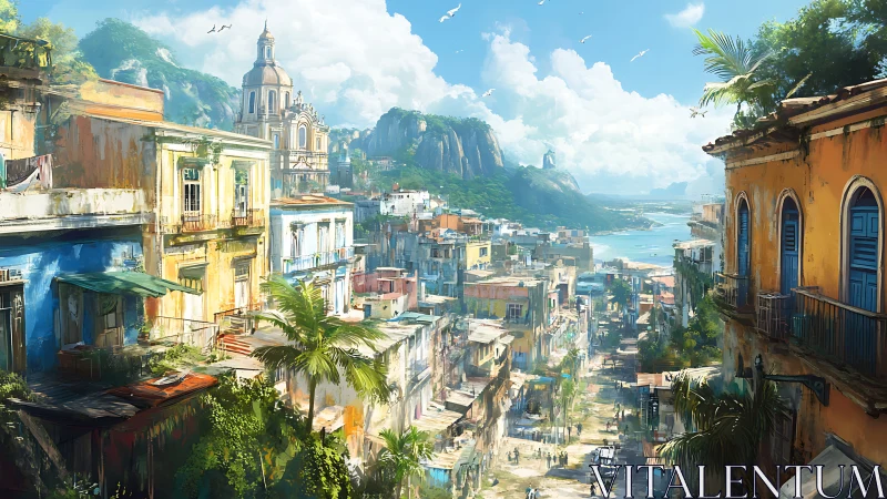 Colorful hillside coastal city street with distant bay view.