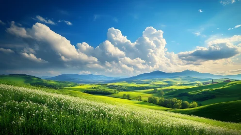Sunlit green hills roll gently beneath bright summer clouds
