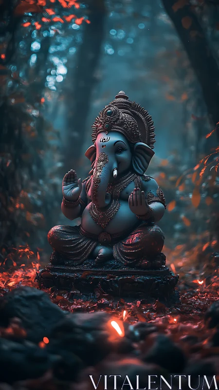 Gentle Ganesha statue glows softly in a misty forest shrine