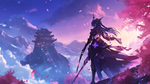 Digital painting of warrior on sakura cliff before misty citadel.