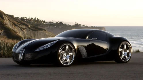 Black concept sports coupe parked by coastal cliffs at dusk.