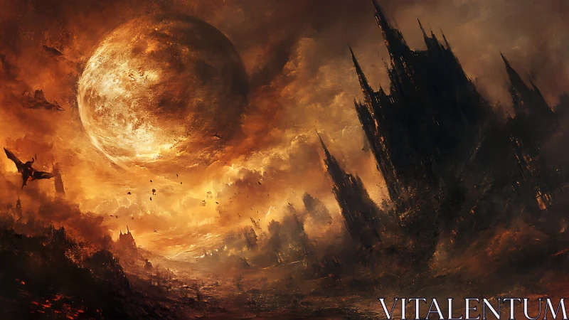 Infernal skyline beneath colossal burning blood moon.