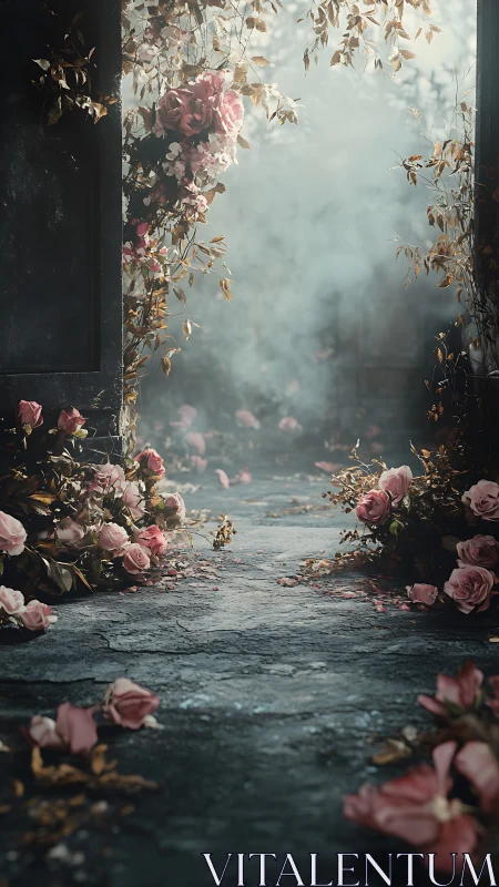 Deteriorating threshold framed by climbing pink roses and withered foliage
