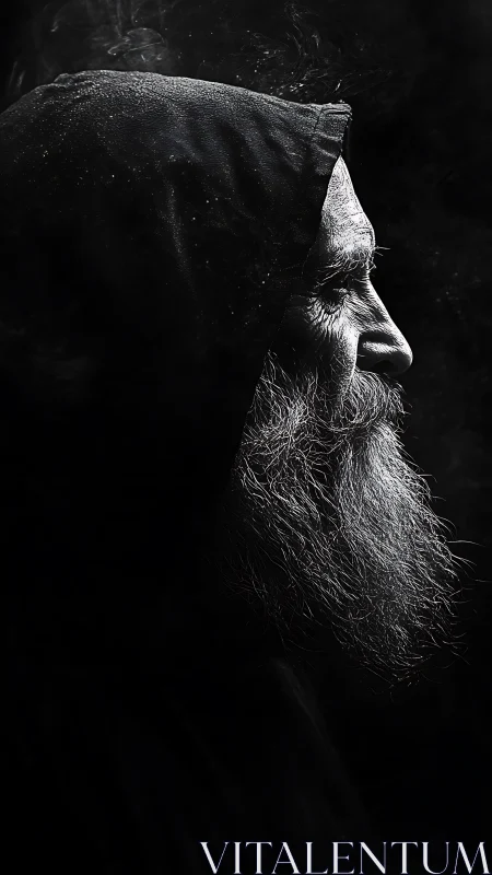 Hooded elder profile in stark monochrome side lighting.